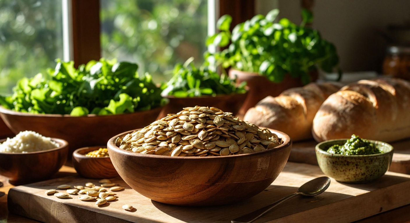 A rustic wooden bowl filled with golden-brown hulless pumpkin seeds (pepitas) sits on a sunlit kitchen counter in Turkey, surrounded by fresh salads, a loaf of crusty bread, and a mortar with green pesto, evoking warmth and nourishment.