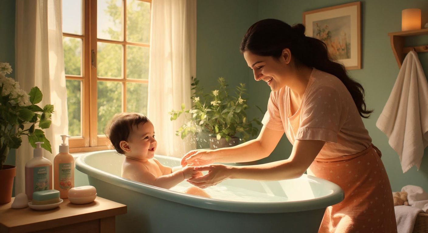 A smiling Turkish mother gently bathes her chubby baby in a small pastel-colored bathtub, surrounded by soft towels and baby shampoo bottles, with warm sunlight streaming through a nearby window.