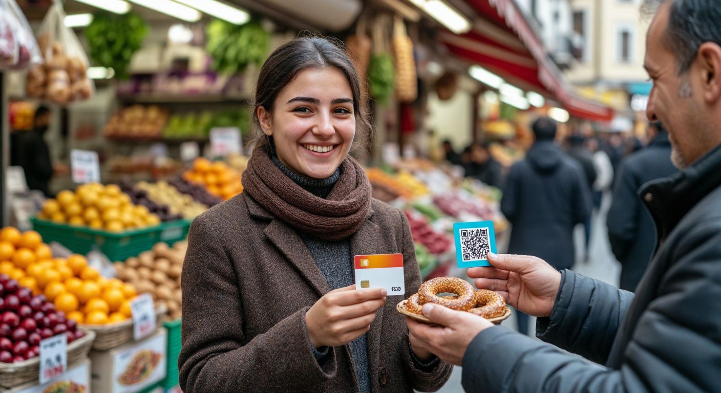 A smiling person in a Turkish market holds a sleek payment card near a colorful QR code sticker, while a vendor hands them fresh simit and çay.