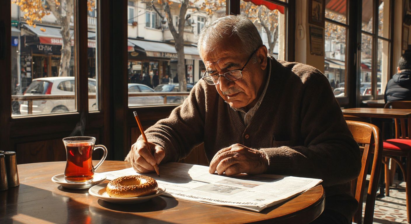 An elderly Turkish man with glasses sits at a sunlit café table, intently studying a newspaper crossword puzzle with a pencil in hand, surrounded by a half-finished cup of çay and a small plate of simit.