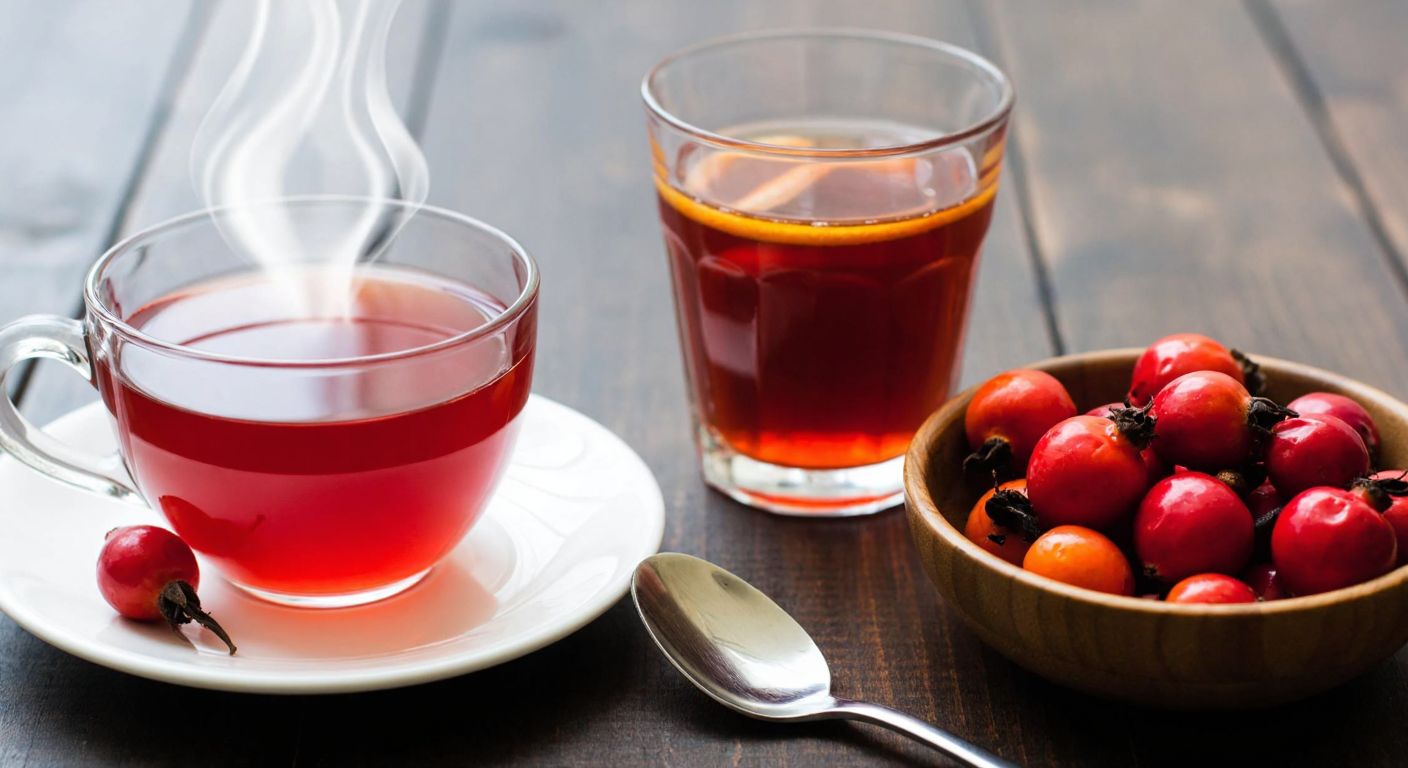A rustic Turkish kitchen table with a steaming cup of rosehip tea next to a glass of chilled rosehip drink, both garnished with fresh rosehips and a small spoon resting on a saucer.