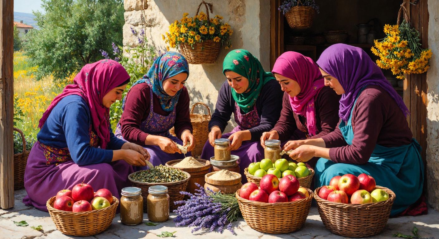 A vibrant scene of Turkish women in colorful headscarves working together in a sunlit cooperative, surrounded by jars of homemade haşhaş ezmesi, tahini, dried herbs, and artificial flowers, with baskets of fresh apples and lavender nearby.