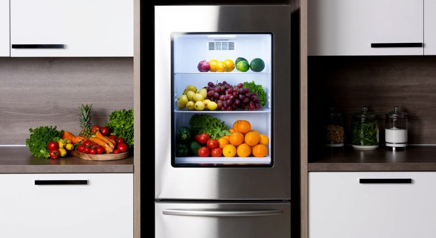 A sleek stainless steel refrigerator in a modern Turkish kitchen, filled with fresh fruits and vegetables, reflecting cleanliness and durability.