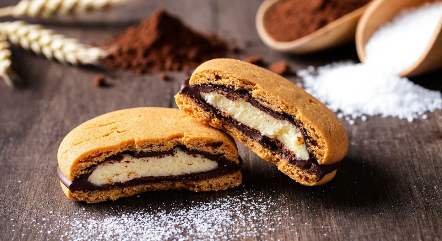 A close-up of a golden-brown **Eti Nero** chocolate biscuit split open to reveal its creamy filling, surrounded by scattered ingredients like wheat flour, cocoa powder, and sugar on a rustic wooden table in a Turkish kitchen.