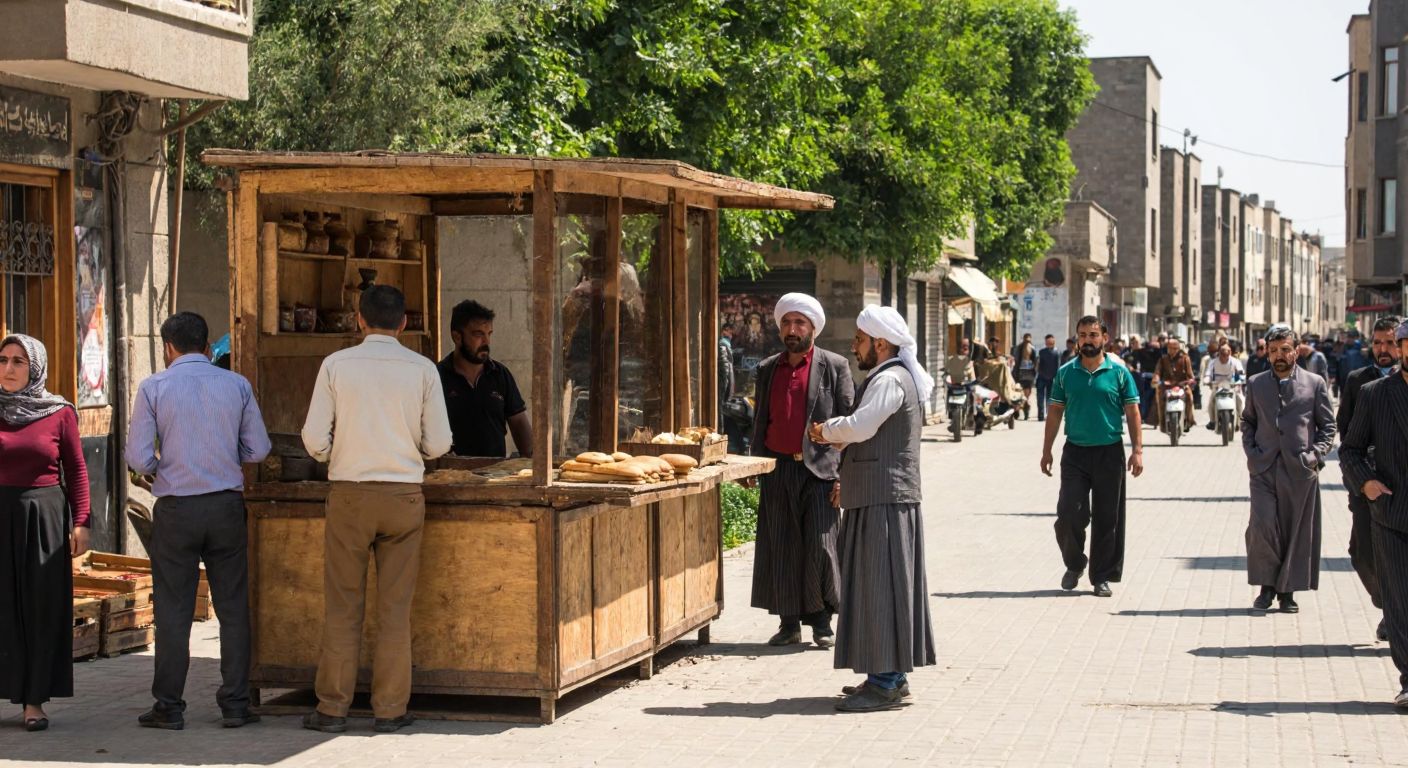 A bustling street in Diyarbakır with an empty, weathered bread kiosk under the warm sun, surrounded by people in traditional Kurdish attire looking disappointed.