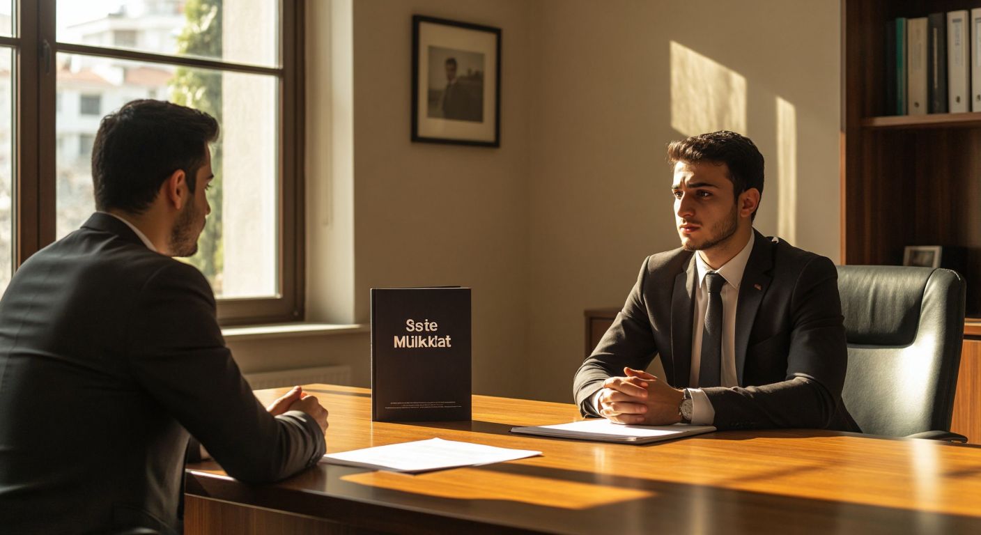 A nervous young professional in a formal suit sits across from a composed interviewer at a wooden desk in a Turkish office, with a copy of *İşte Mülakat* resting between them, sunlight streaming through the window.