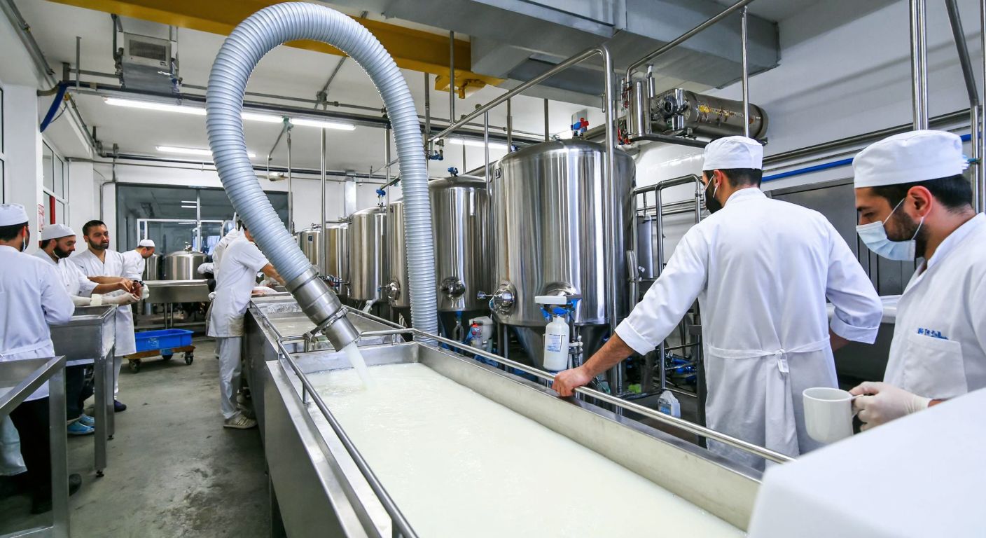 A stainless steel food-grade hose transfers fresh milk in a bustling Turkish dairy factory, surrounded by workers in white uniforms and gleaming metal equipment.