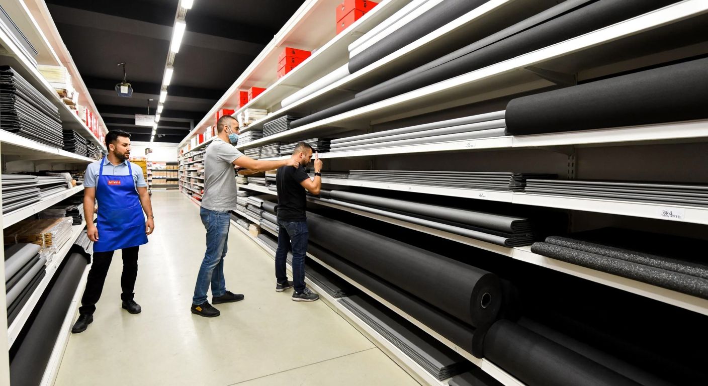 A well-lit Bauhaus hardware store aisle in Turkey, with neatly stacked rolls of black and white insulation foam strips on shelves, a customer in casual clothing examining one closely, and a store employee in a blue apron standing nearby, ready to assist.