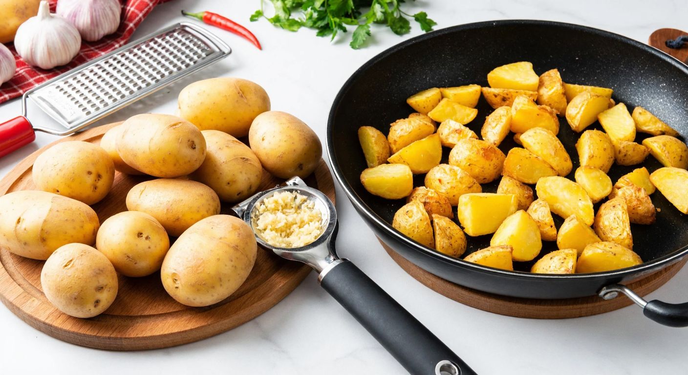 A rustic Turkish kitchen counter with a pile of medium-sized potatoes, a peeler, and a grater, next to a sizzling pan of golden fried potatoes.