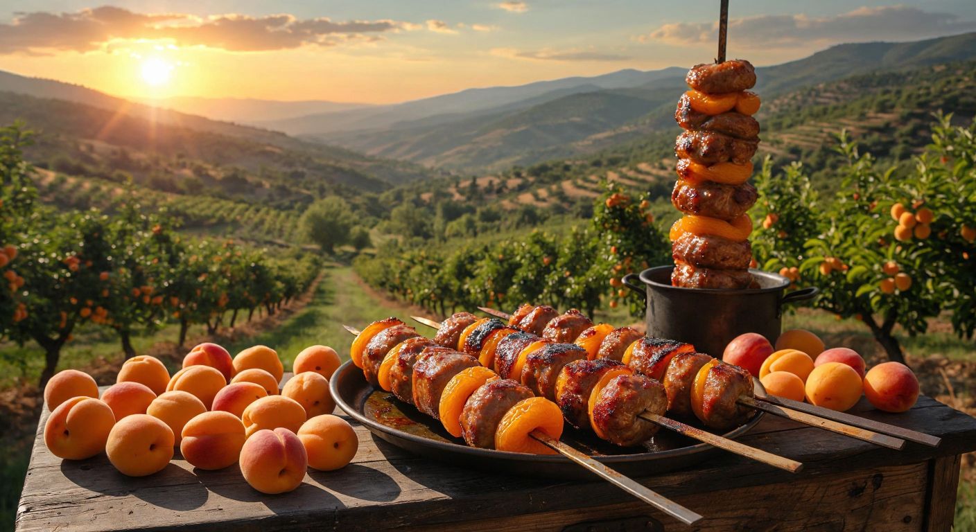 A golden-brown apricot kebab (Kayısı Döner) sizzling on a vertical rotisserie, surrounded by fresh Malatya apricots and a backdrop of sunlit apricot orchards with rolling hills.
