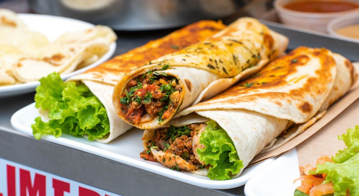 A vibrant Turkish street food stall displaying a freshly rolled dürüm with spiced meat and herbs on a thin lavash beside a colorful wrap filled with lettuce and chicken on a tortilla.