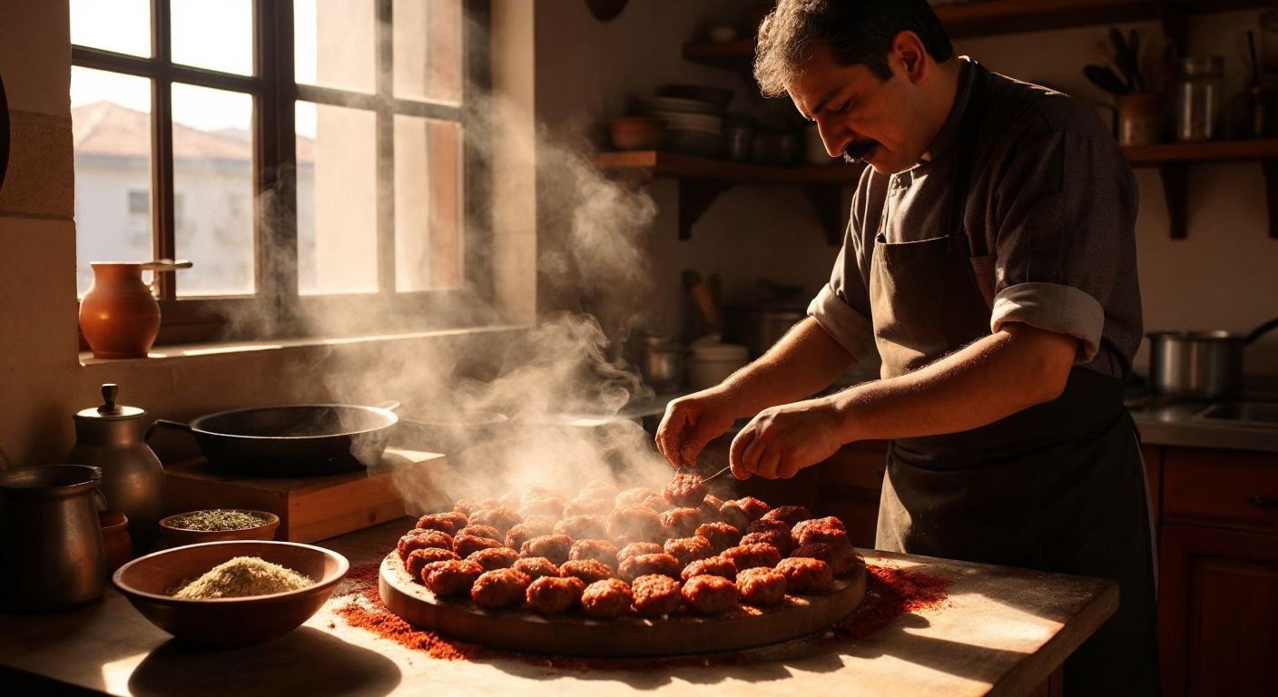 A Turkish cook in a sunlit kitchen shapes small, round İnegöl köfte from a mound of minced meat on a wooden table, with a bowl of spices nearby.
