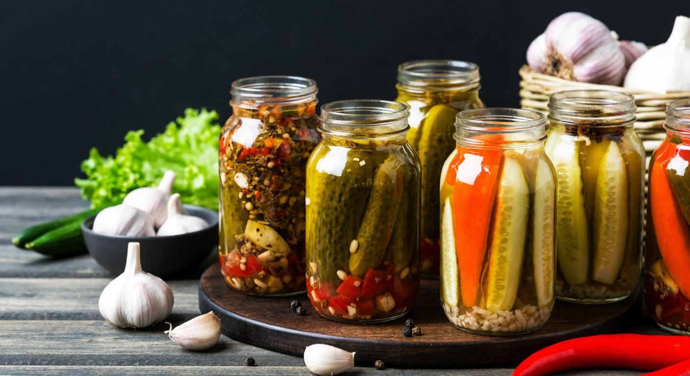 A rustic wooden table in a Turkish kitchen displays glass jars filled with vibrant pickled cucumbers, cabbage, and spices, surrounded by fresh vegetables and a bowl of garlic cloves, evoking a sense of traditional homemade flavor.