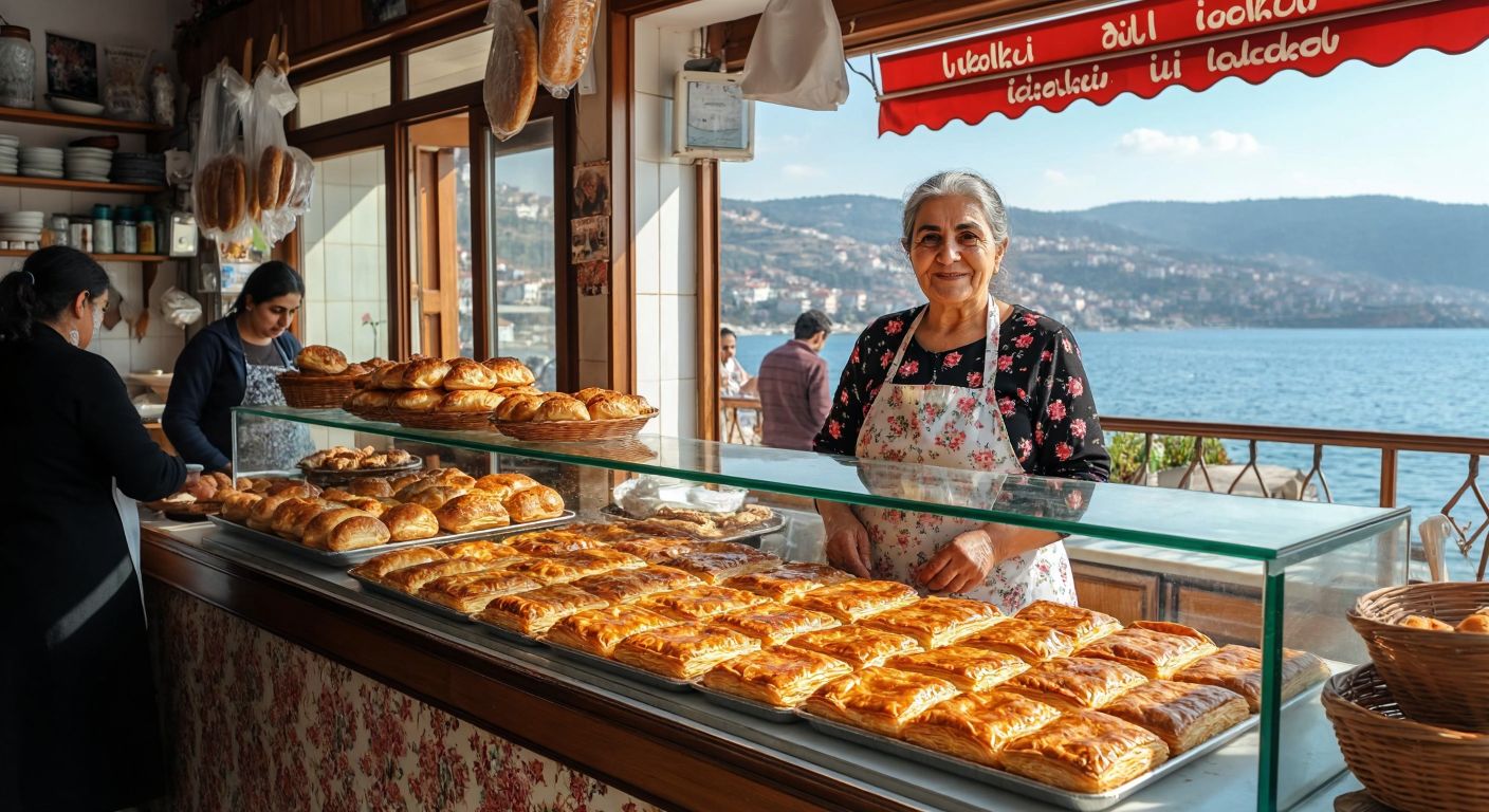 A warm, bustling Turkish bakery with golden-brown börek trays displayed in a glass counter, an elderly woman (Ülver Teyze) in a floral apron smiling behind it, and customers eagerly waiting near coastal road scenery.