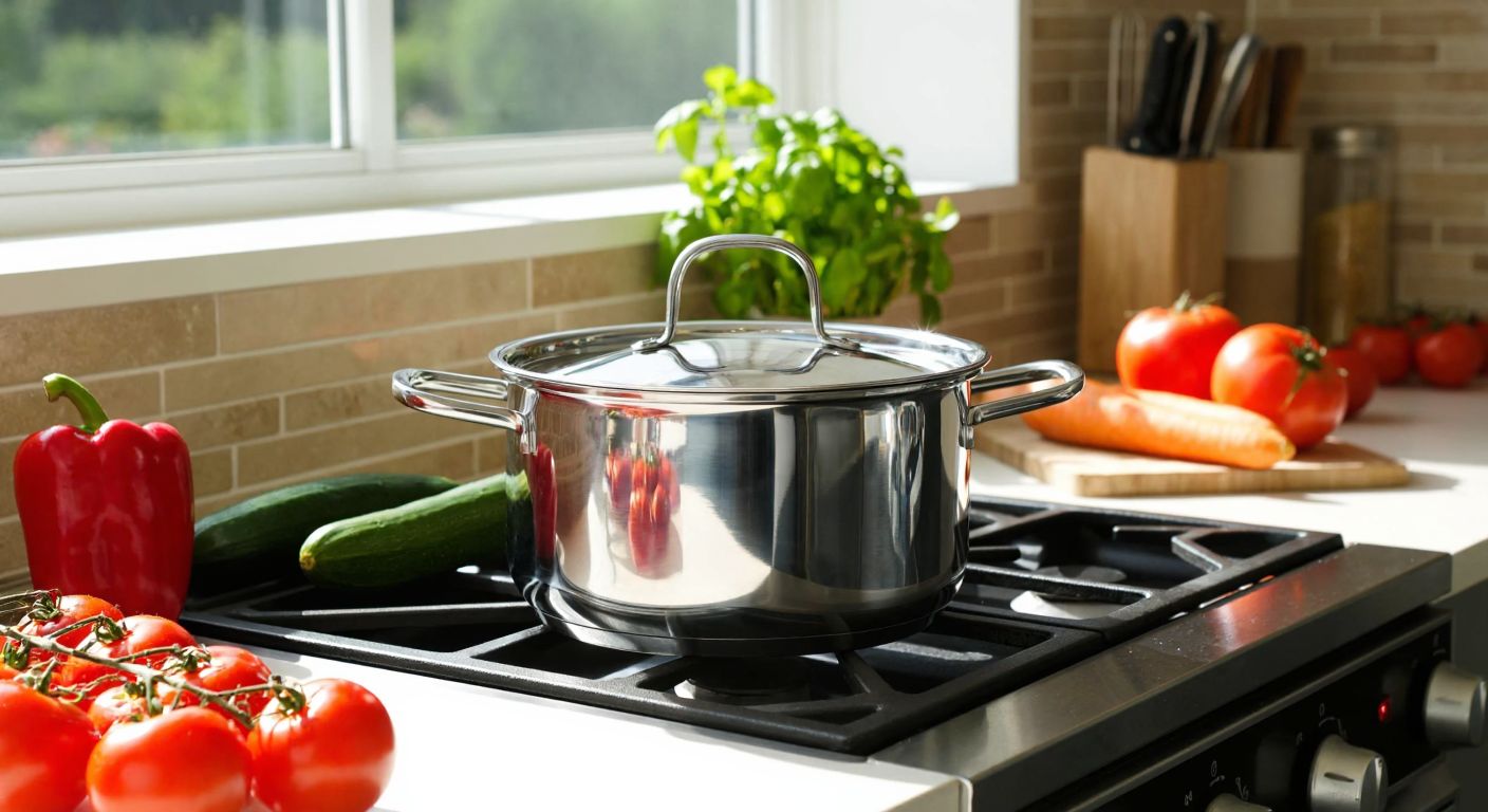 A gleaming stainless steel pot with a sturdy handle sits on a modern stovetop in a sunlit Turkish kitchen, surrounded by fresh vegetables and herbs, exuding durability and quality.