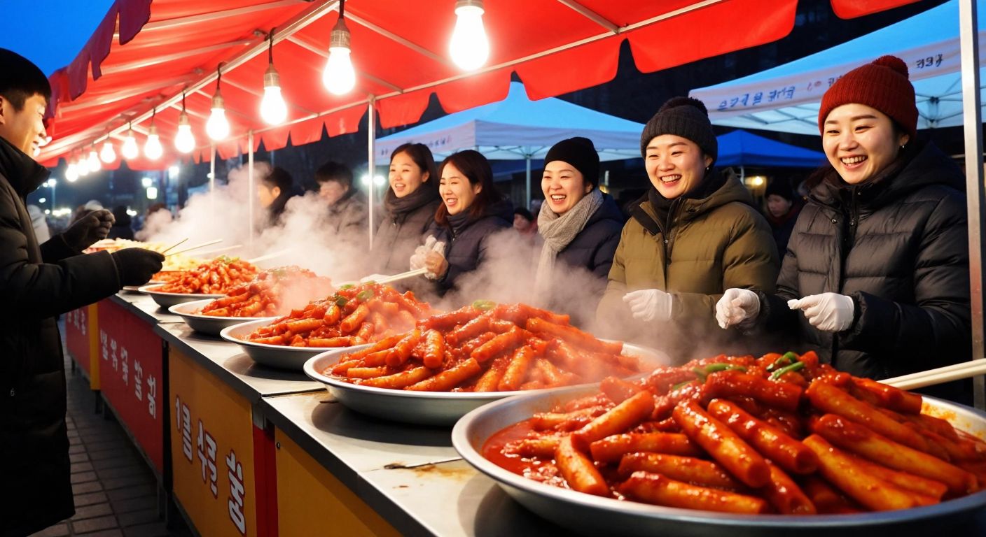 A vibrant Korean street food stall with steaming plates of chewy, red tteokbokki rice cakes, surrounded by smiling locals enjoying the spicy-sweet dish.