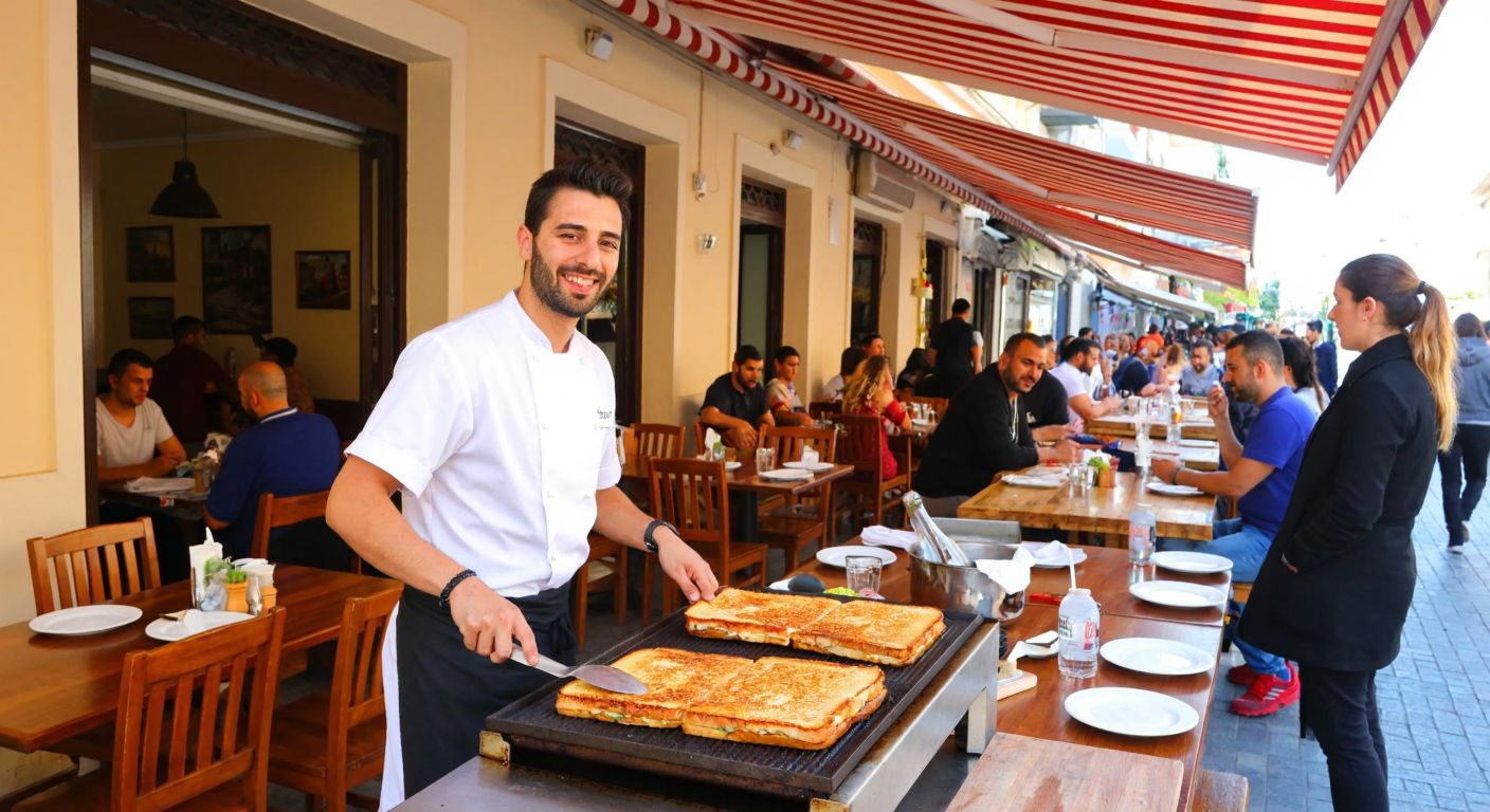A bustling Turkish street-side eatery with a warm, inviting atmosphere, where a smiling chef prepares a golden, crispy Ayvalık tost on a griddle, surrounded by customers enjoying their meals at wooden outdoor tables under a striped awning.