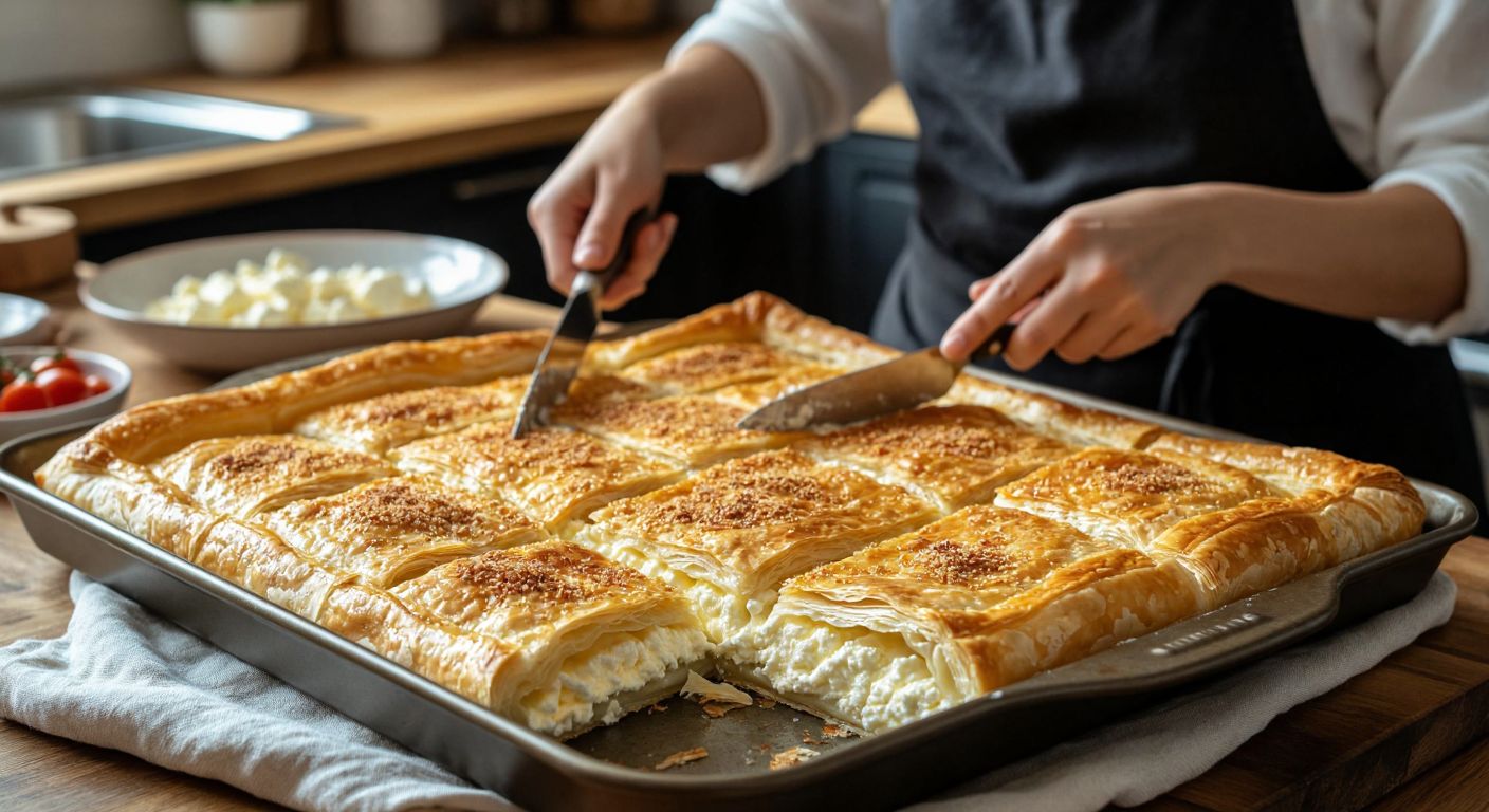 A warm, golden-brown tray of peynirli börek sits on a wooden table, its flaky layers slightly separated to reveal melted white cheese inside, with a Turkish woman in a cozy kitchen smiling as she carefully slices it with a knife.