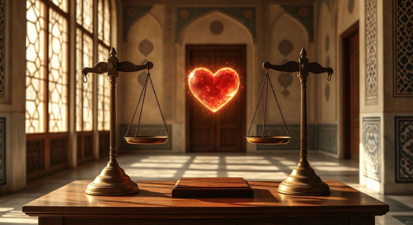 A pair of balanced scales (objective) on one side and a glowing heart (subjective) on the other, placed on a wooden table in a sunlit Turkish library with traditional geometric patterns on the walls.