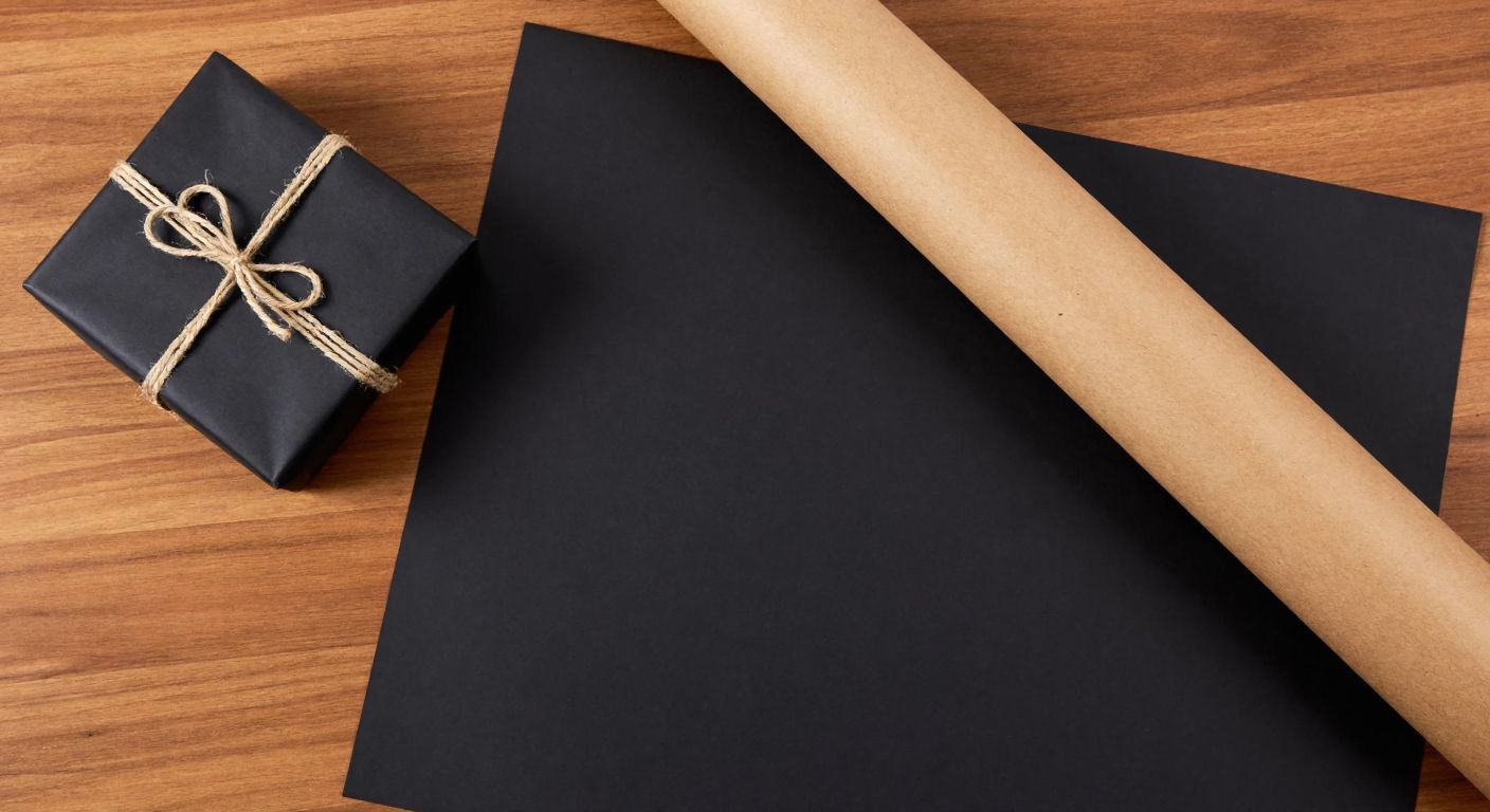 A rustic brown kraft paper roll and a sleek black kraft paper sheet lying side by side on a wooden table, with a gift wrapped in the black paper and a package tied with twine on the brown paper.