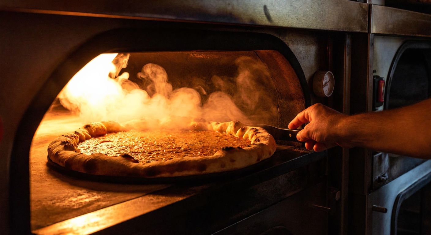 A traditional Turkish kitchen with a golden-crusted pide baking inside a warmly lit oven, steam rising as a hand adjusts the temperature dial.
