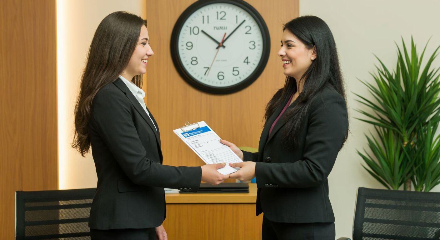 A well-dressed receptionist in a Turkish office warmly greets a smiling client holding an appointment slip, with a neatly organized waiting area and a wall clock in the background.