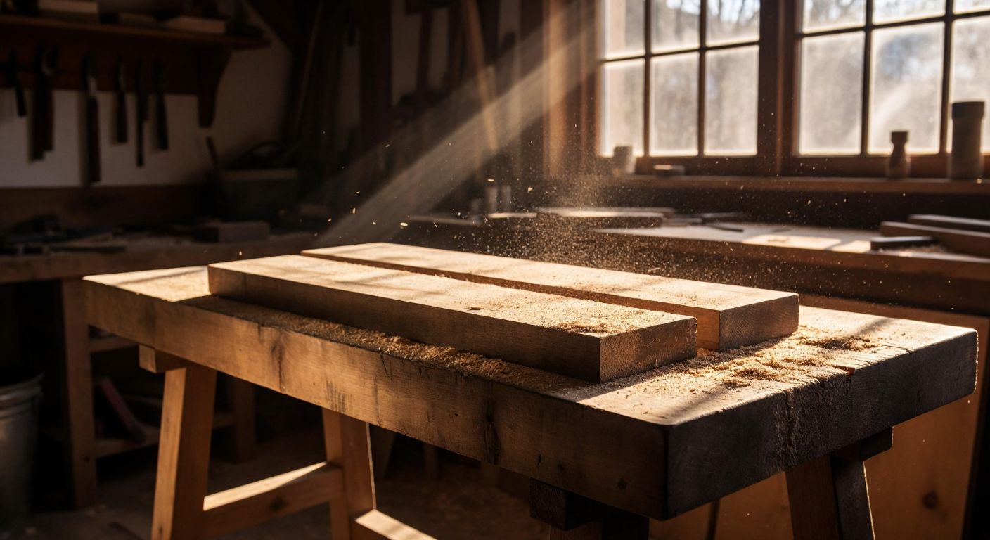 A weathered wooden carpenter's square rests on a rough-hewn oak workbench, its metal edges catching the light as sawdust drifts in the sunbeam from a workshop window.