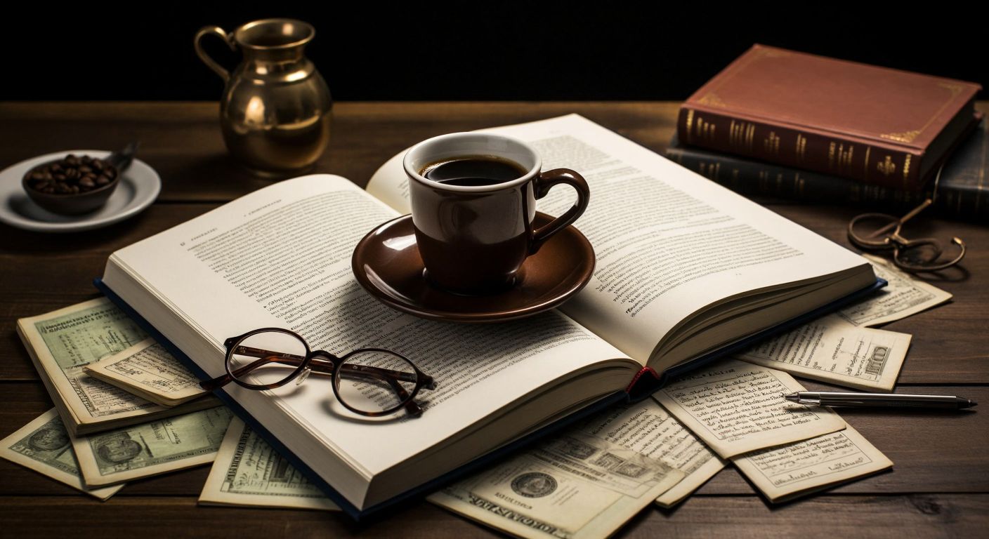 A thick economics textbook with a Turkish coffee cup resting on its open pages, surrounded by scattered notes and a pair of reading glasses.