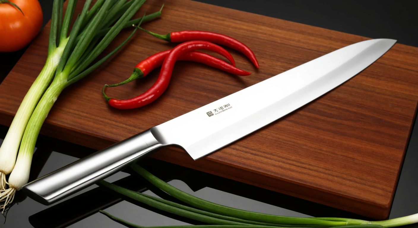 A sleek stainless steel kitchen knife with a modern design, resting on a traditional Korean wooden cutting board, surrounded by vibrant red chili peppers and green scallions.