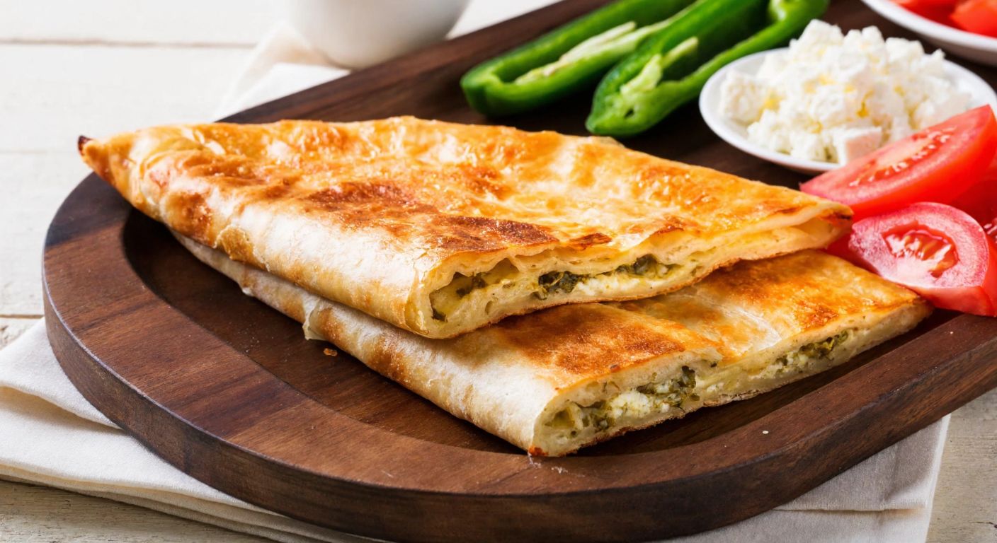A warm, golden-brown lavash börek, freshly baked and glistening with olive oil, sits on a rustic wooden tray surrounded by fresh ingredients like crumbled white cheese, diced tomatoes, and chopped green peppers.