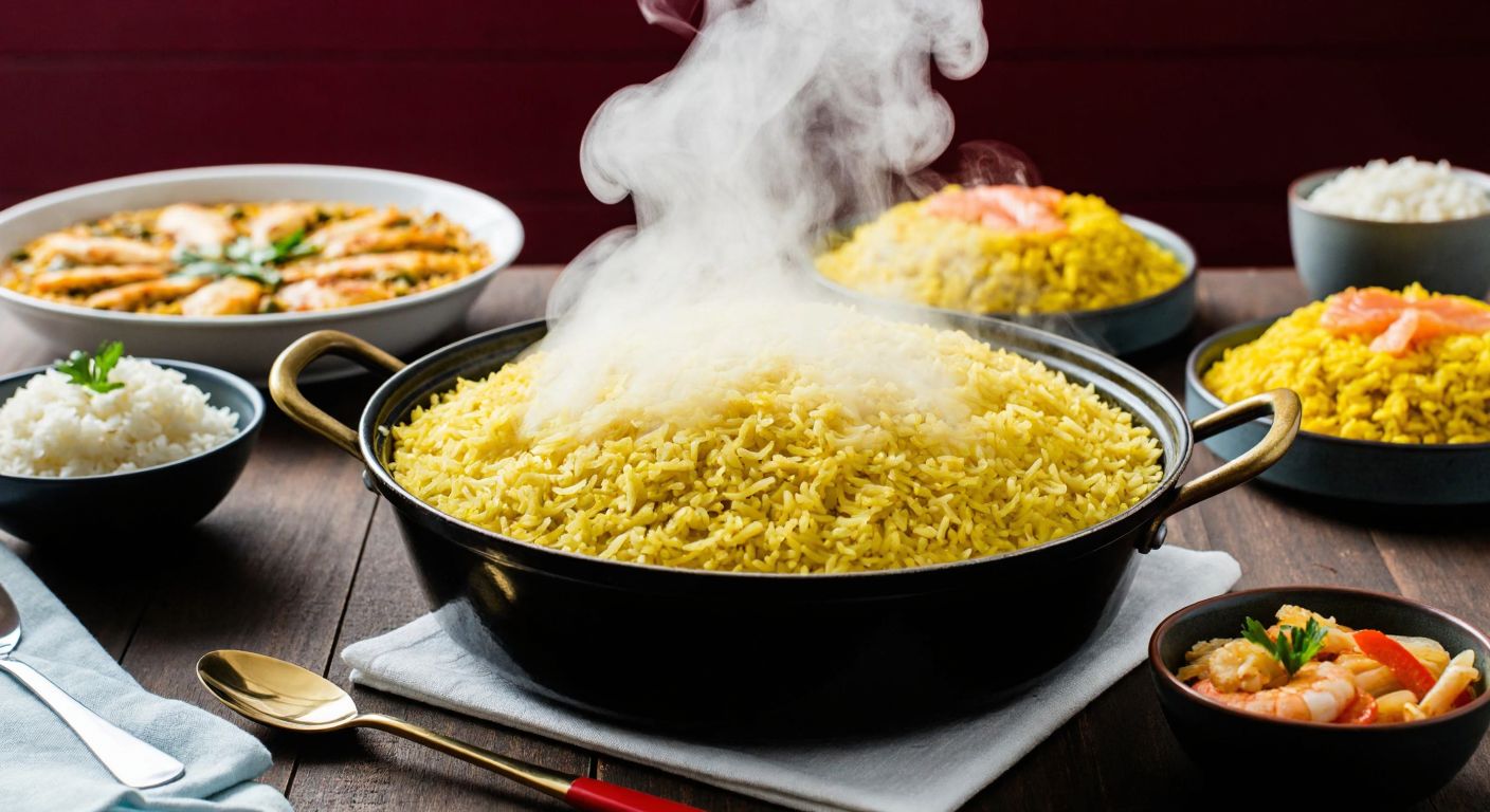 A vibrant Turkish kitchen scene with a steaming pot of golden buttered rice pilaf, surrounded by bowls of various rice dishes like sushi, paella, and risotto, reflecting the global culinary uses of rice.
