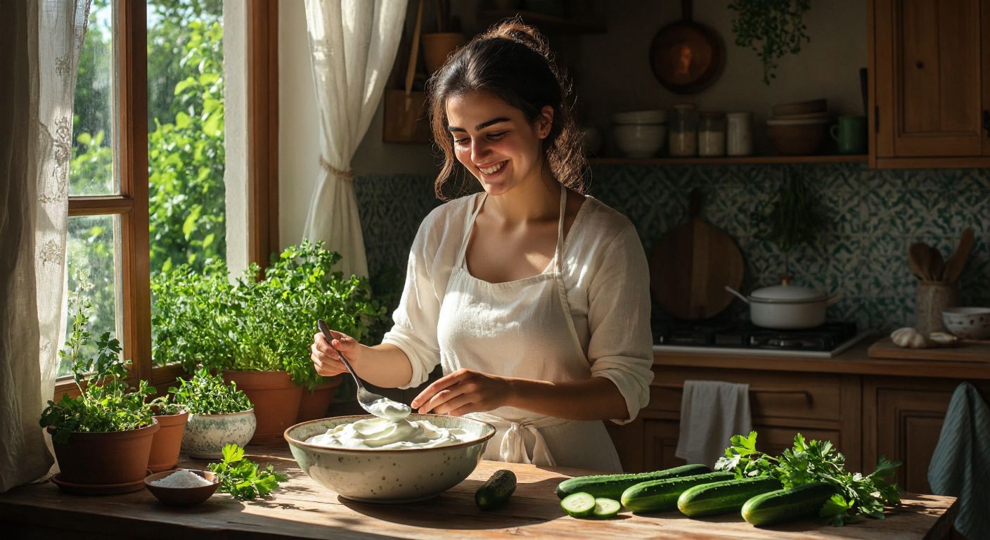 A Turkish woman in a sunlit kitchen smiles while stirring a bowl of creamy white yogurt, with fresh cucumbers and herbs on a wooden table nearby.