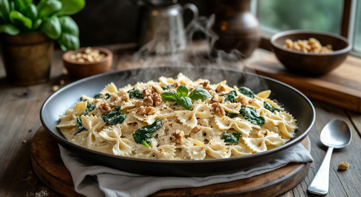A steaming plate of butterfly-shaped pasta coated in creamy ricotta sauce, topped with crumbled walnuts and fresh spinach leaves, set on a rustic wooden table in a cozy Turkish kitchen.