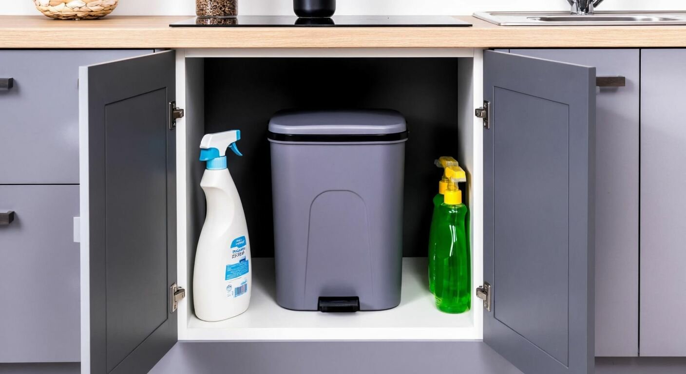A gray 20-liter trash bin with a sleek, modern design sits neatly inside a kitchen cabinet in a Turkish home, surrounded by neatly organized cleaning supplies.