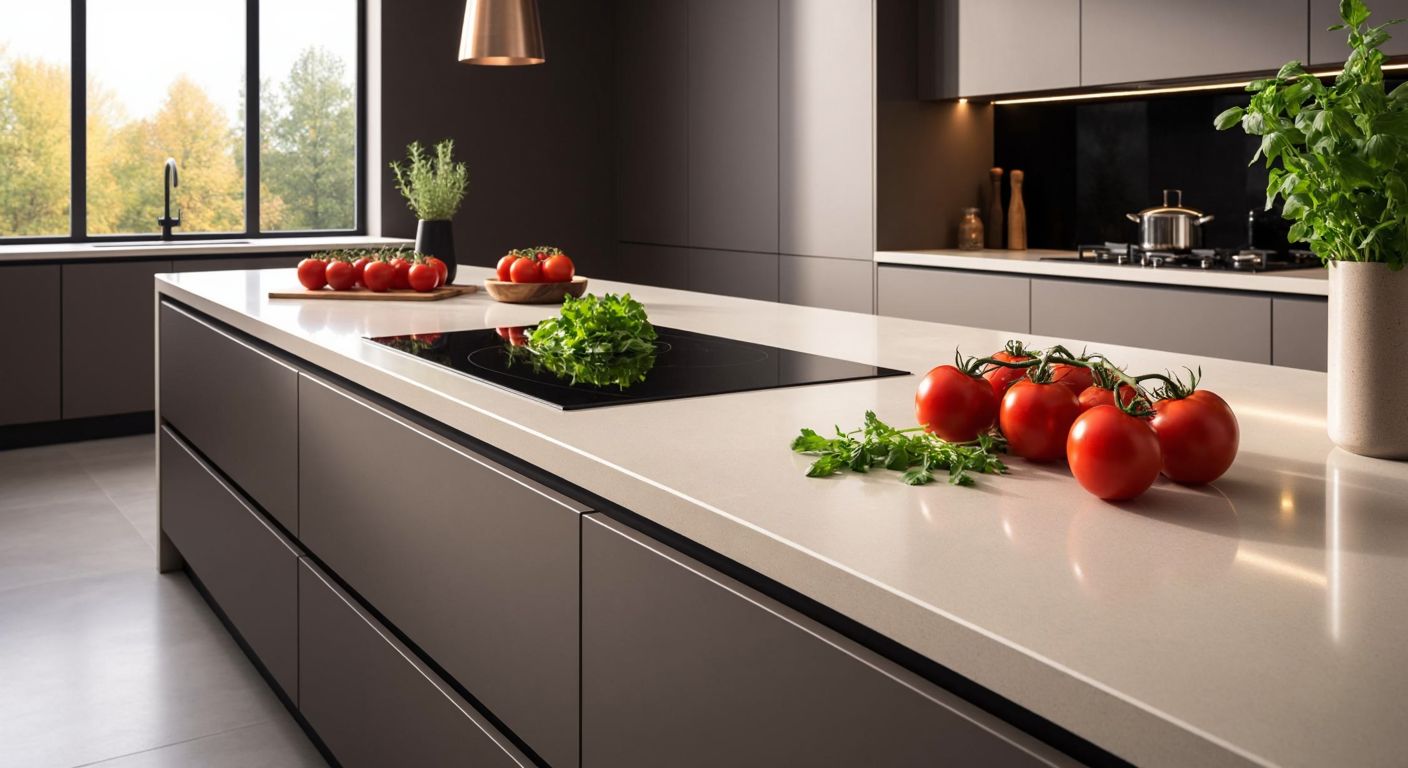 A sleek, modern kitchen in Turkey with a smooth, glossy porcelain countertop (T-One tezgah) in a neutral tone, surrounded by fresh ingredients like tomatoes and herbs, reflecting durability and hygiene.