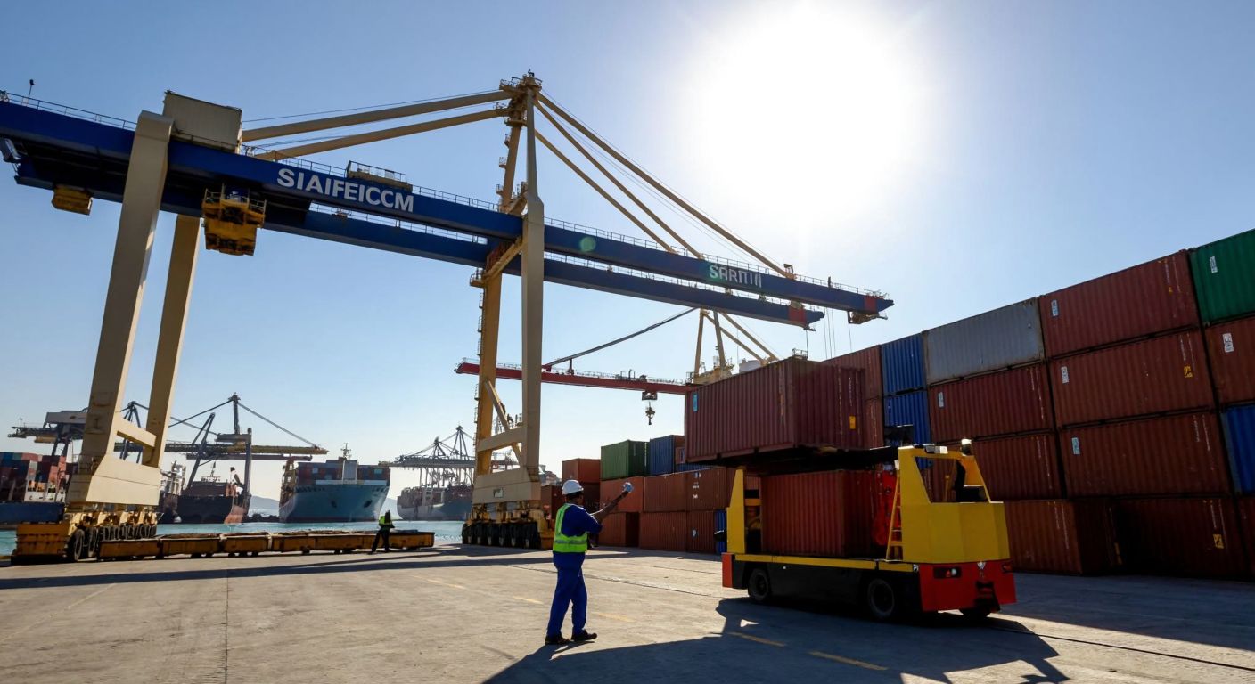 A bustling Turkish port with cranes unloading cargo ships, workers in hard hats moving containers, and stacks of goods under a bright sun, reflecting the industrial energy of Safi Port's operations.