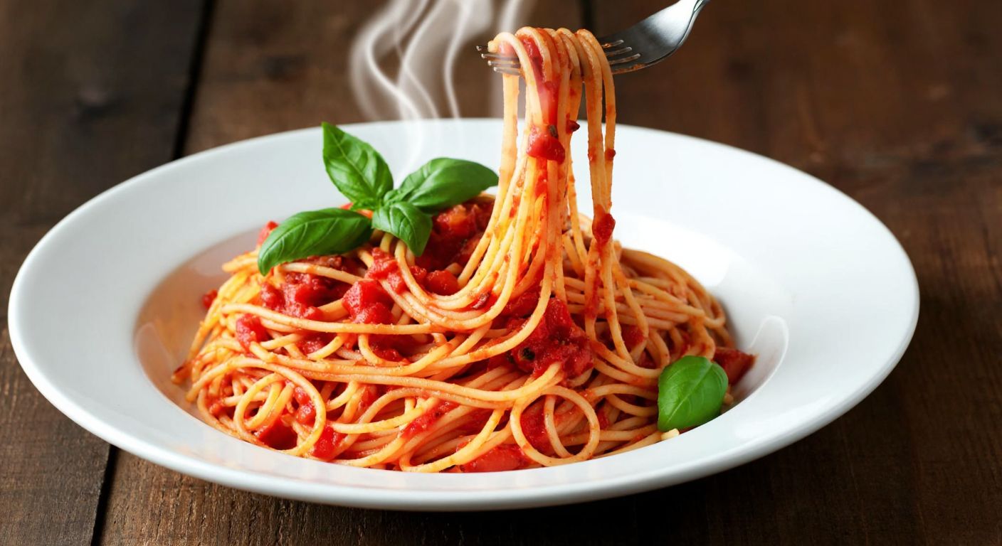 A steaming plate of spaghetti generously coated in vibrant red Napolitan sauce, topped with fresh basil leaves, placed on a rustic wooden table with a fork twirling the pasta.