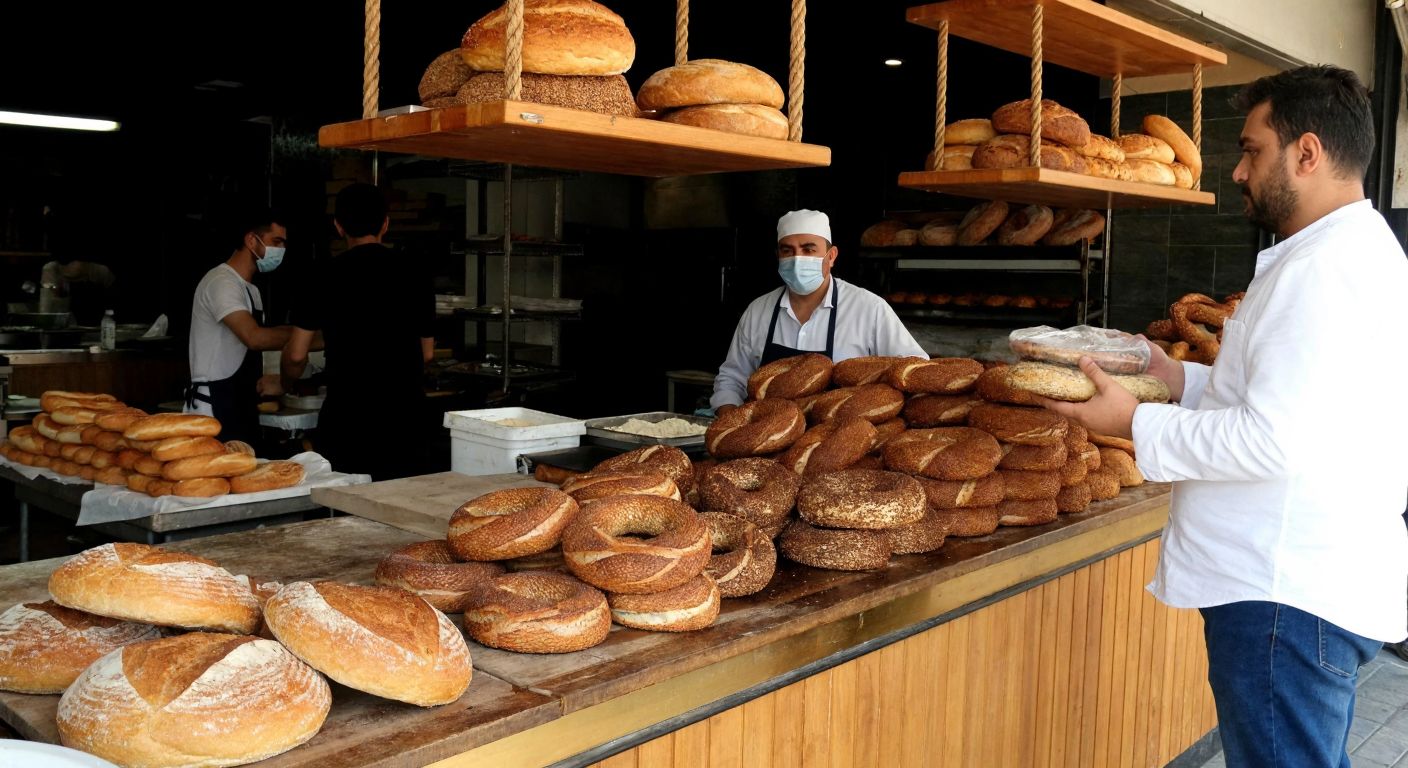 A bustling Turkish bakery with a wooden counter displaying freshly baked simit and loaves of bread, while a frowning baker weighs a smaller loaf and a customer sighs, holding a coin purse.