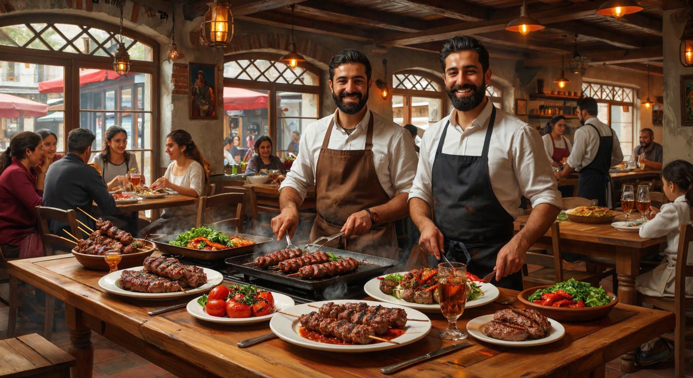 A cozy Turkish meat restaurant with wooden tables, sizzling kebabs on plates, and smiling waiters in traditional aprons, surrounded by families enjoying their meals in a warm, alcohol-free atmosphere.