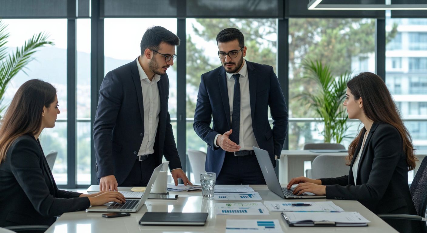 A modern Turkish office scene with professionals in business attire discussing over laptops and documents, symbolizing collaboration and service provision, while a digital interface subtly hints at technology integration without showing screens.