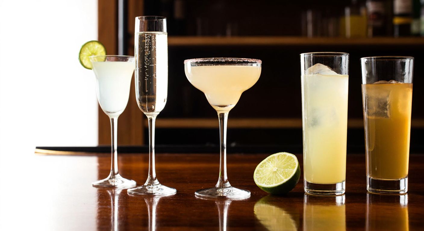 A polished wooden bar counter displays an elegant arrangement of various cocktail glasses—coupe, margarita, flute, and Collins—each reflecting warm ambient light, with a fresh lime slice resting beside them.