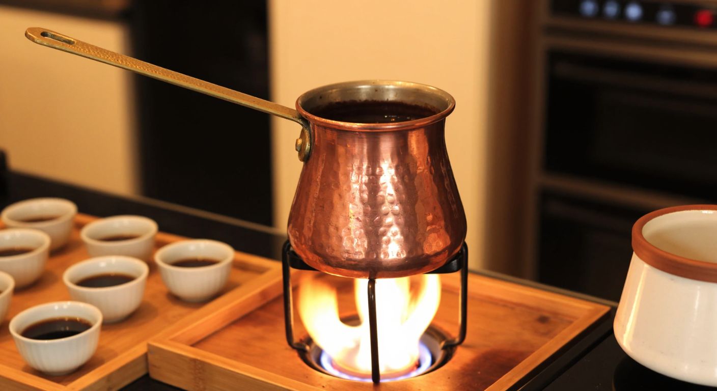 A traditional Turkish copper cezve sits on a low flame, filled with dark, bubbling coffee, surrounded by small porcelain cups on a wooden tray in a cozy kitchen with warm lighting.