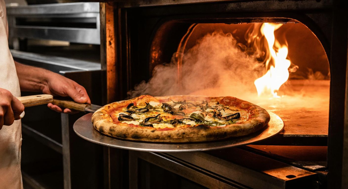 A golden-brown pizza with melted cheese and toppings sits on a metal tray inside a glowing oven, steam rising as a Turkish chef in a white apron checks its readiness with a wooden peel.