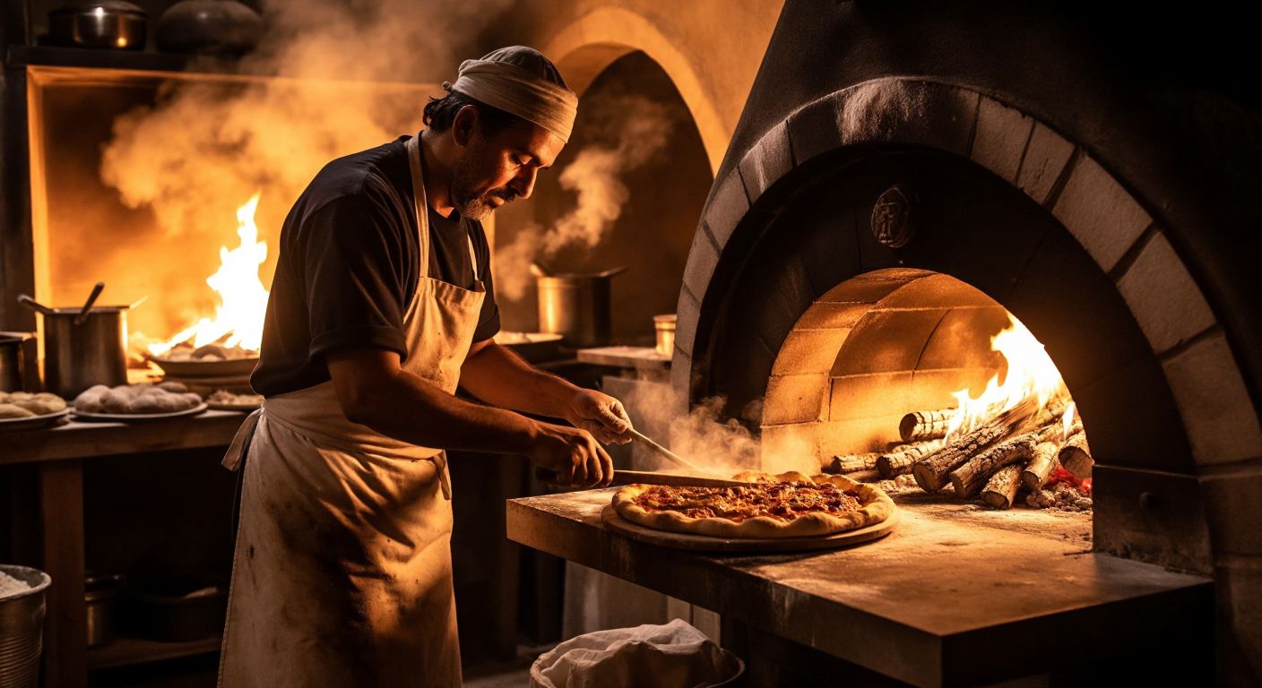 A traditional Turkish pide oven glowing warmly with stacked wood beside it, while a baker in a flour-dusted apron slides a golden pide inside, surrounded by the earthy scent of burning wood and baking dough.