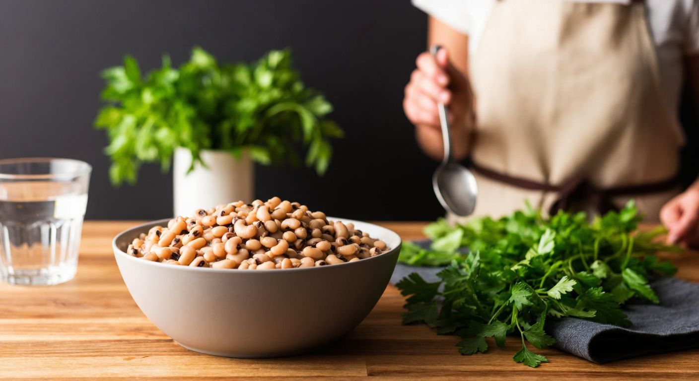 A warm bowl of cooked black-eyed peas sits on a wooden table beside fresh herbs and a glass of water, with a smiling woman in a kitchen apron holding a spoon, conveying health and satisfaction.
