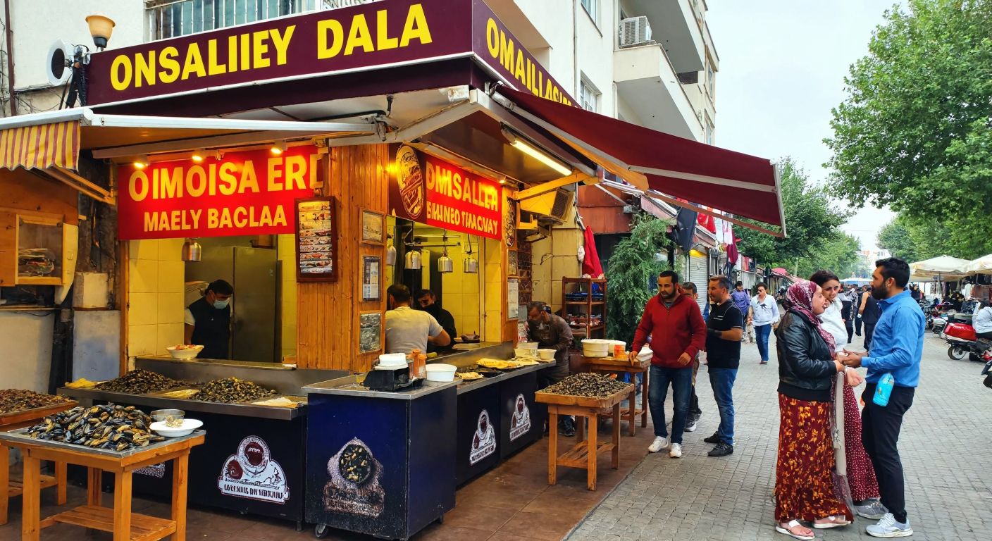 A bustling street in Osmaniye with a small, lively midye dolma shop displaying fresh mussels and vibrant spices, surrounded by locals enjoying the dish.