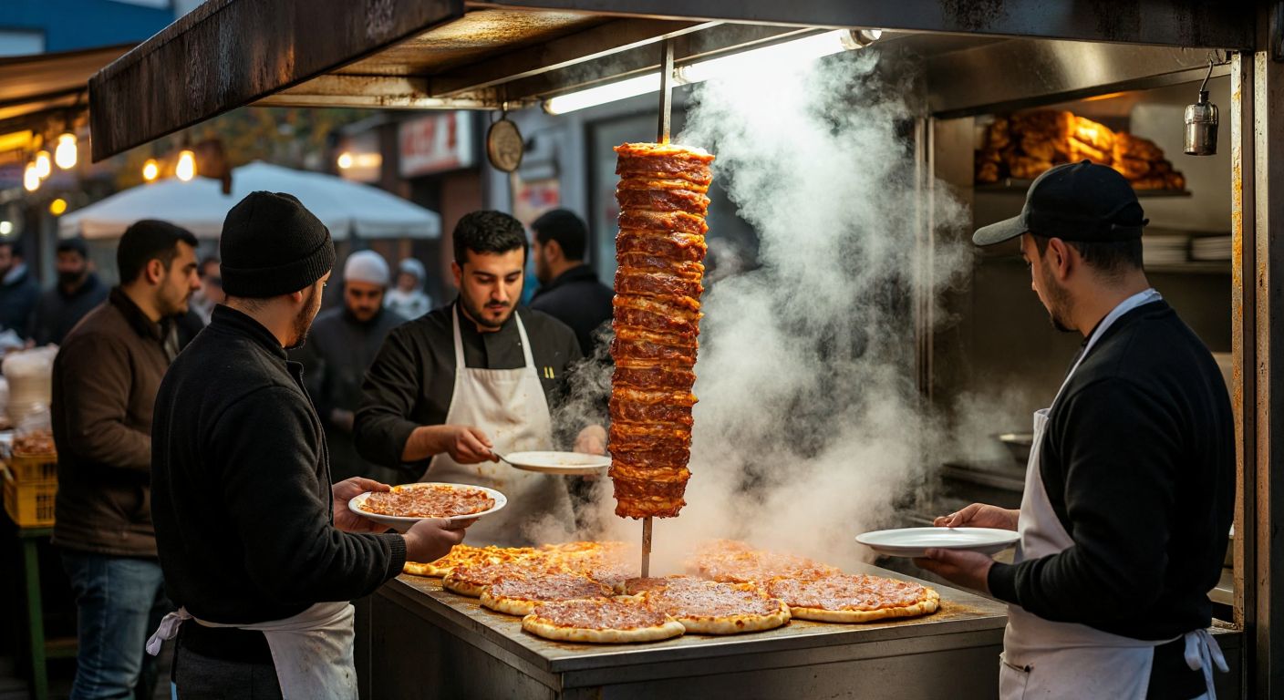 A bustling Bursa street food stall with a vertical spit of golden-brown rotating meat, steam rising as a chef slices thin layers onto warm flatbread, surrounded by eager customers holding plates.
