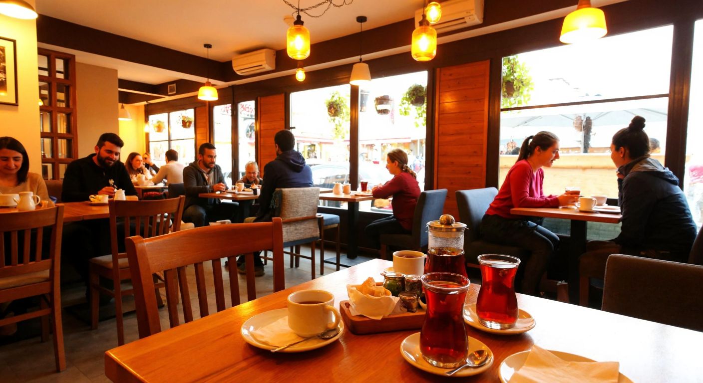 A cozy café in Turkey with warm lighting, wooden tables, and people enjoying non-alcoholic drinks like Turkish tea or coffee, surrounded by a relaxed, cheerful atmosphere.