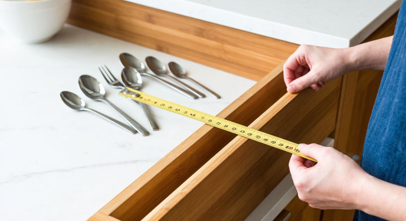 A close-up of a wooden kitchen drawer with a measuring tape stretched across its interior, showing a person’s hands carefully checking for obstructions near the rails, while a small pile of polished metal spoons rests nearby on a marble countertop.