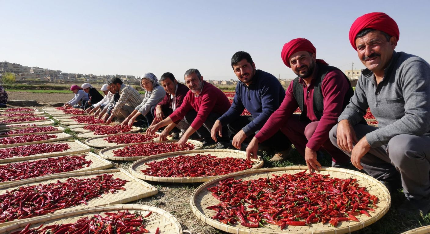 A sun-drenched field in Şanlıurfa with vibrant red chili peppers drying on woven mats, surrounded by farmers in traditional Turkish attire smiling proudly.